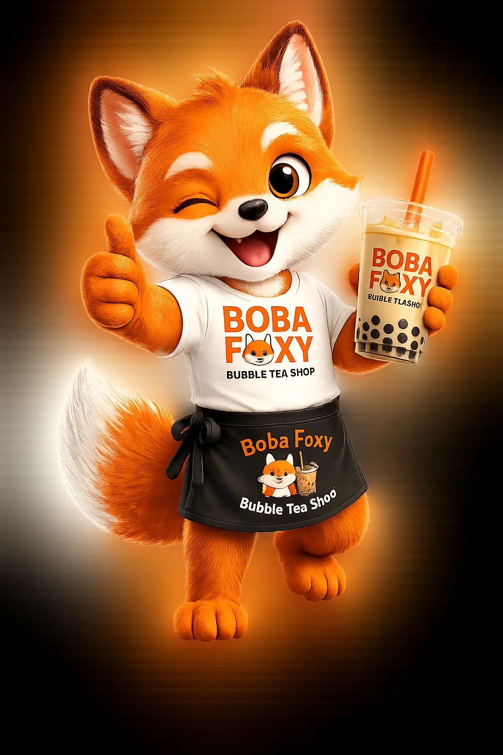 Boba Foxy mascot for happy hour